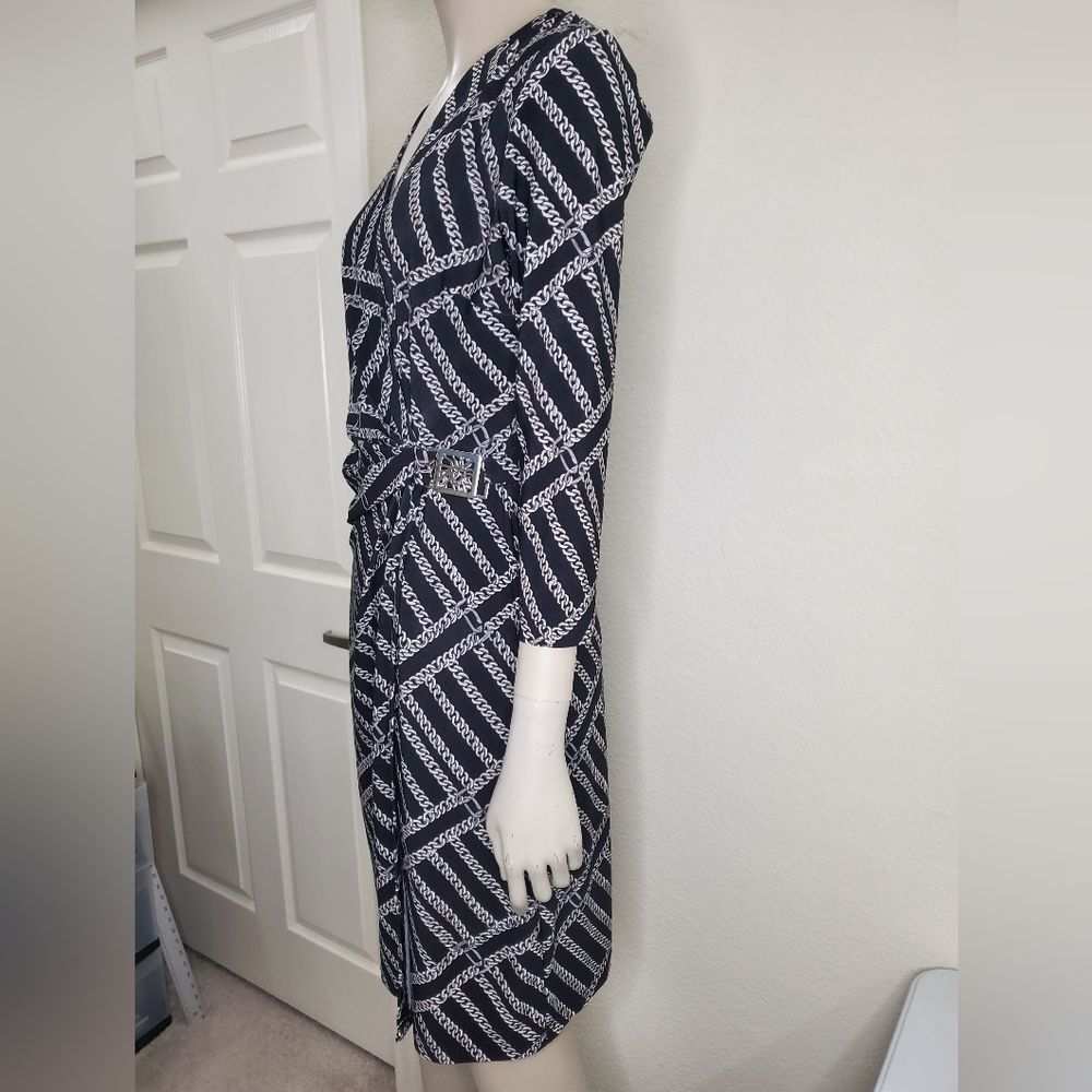 Anne Klein Faux Wrap Dress with Chain Print and Hardware Emblem at Waist - Picture 2 of 12